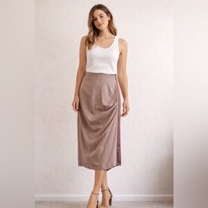 Brunello Cucinelli Taupe Silk Blend Ruched Slit Midi Skirt size US6
